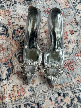 Good American Silver Pointed-Toe Heels with Crystal Buckle
